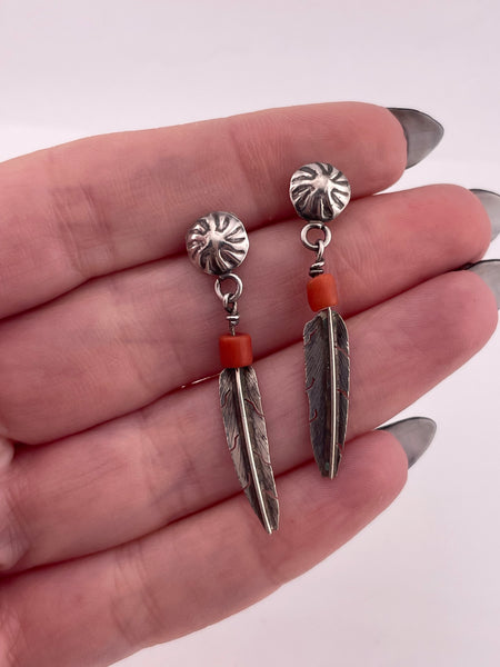 sterling silver coral bead feather post dangle earrings