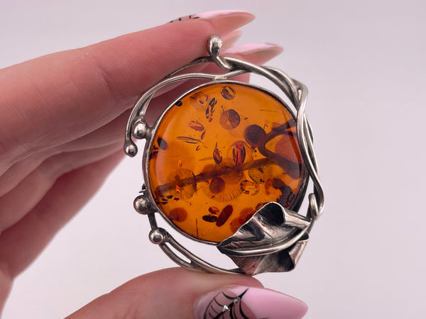 sterling silver round amber leaf brooch pin