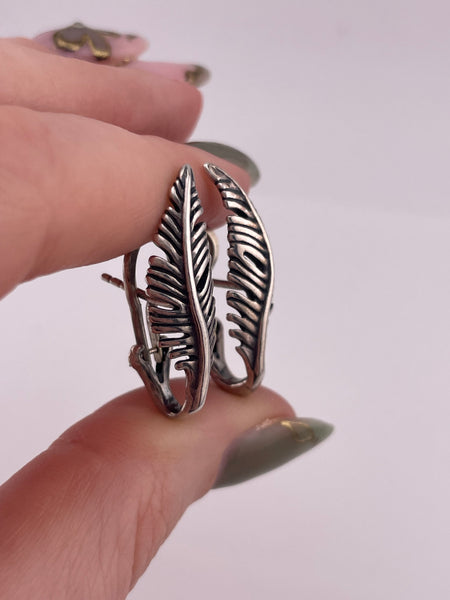 sterling silver feather omega-back earrings
