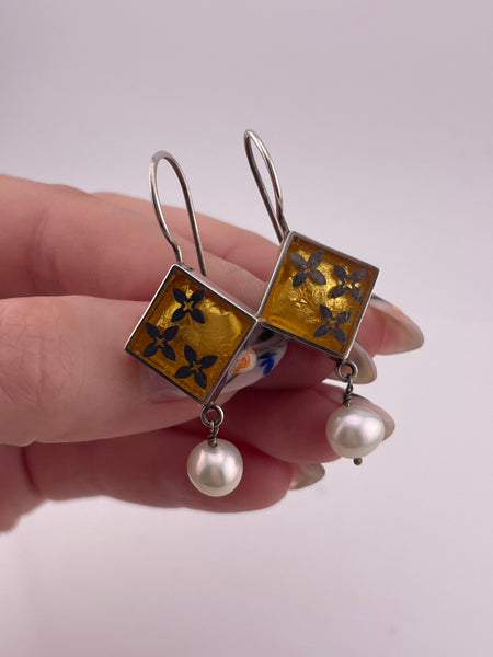 sterling silver Varga pearl flower gold leaf resin hook earrings