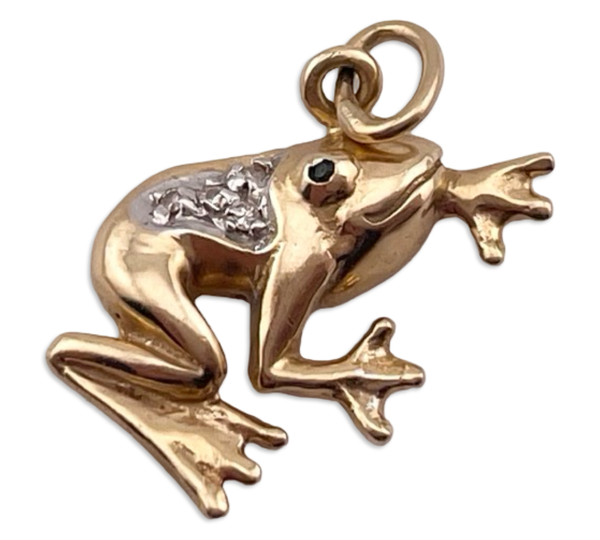 14k yellow gold diamond & green gemstone frog pendant