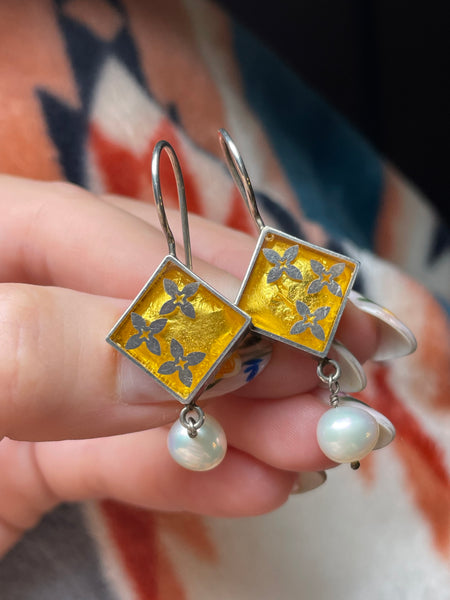 sterling silver Varga pearl flower gold leaf resin hook earrings