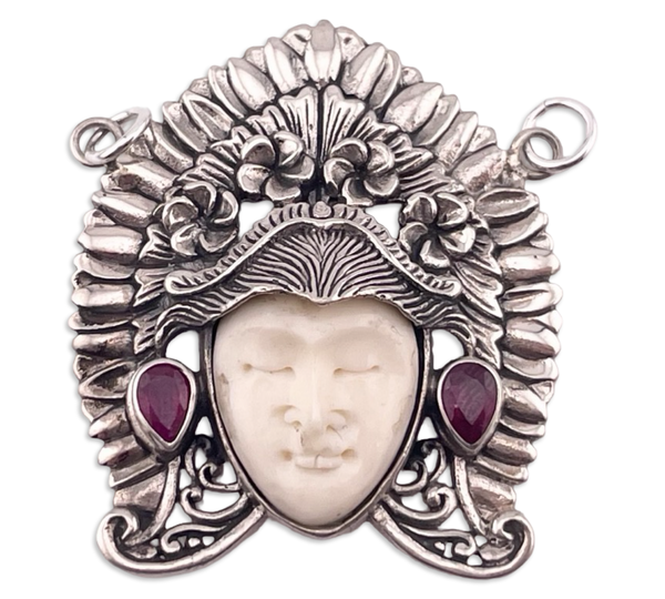 sterling silver faceted lab ruby molded plastic face pendant ***Chipped***