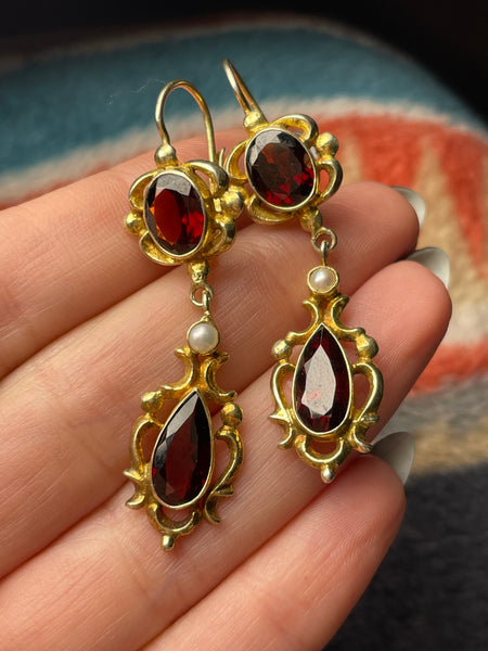 sterling silver gold wash faceted garnet pearl hook dangle earrings