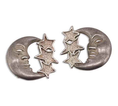 sterling silver man in the crescent moon stars matte finish clip-on earrings