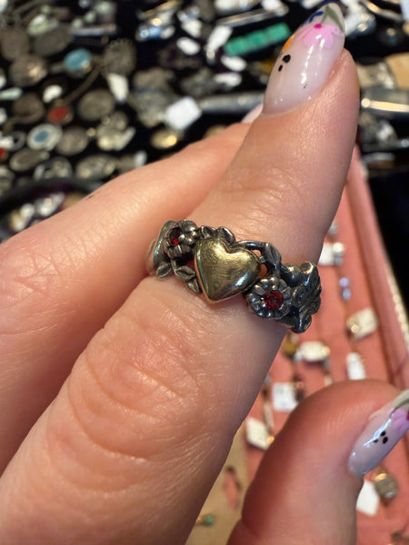 RESERVED PRIVATE LISTING -- sterling & 14k gold heart bird ring C11