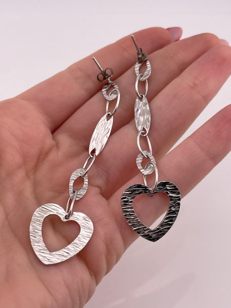 sterling silver textured dangle heart post earrings