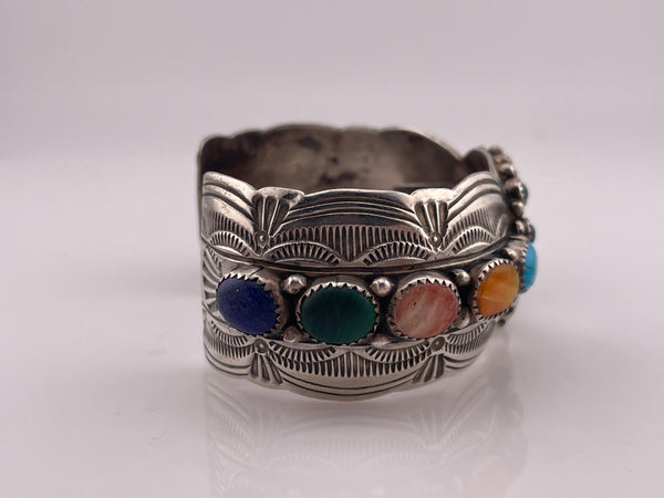 sterling silver Native American signed WB multi-stone watch cuff bracelet
