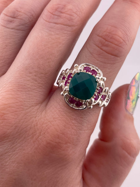 size 9 sterling silver faceted green agate lab ruby ring