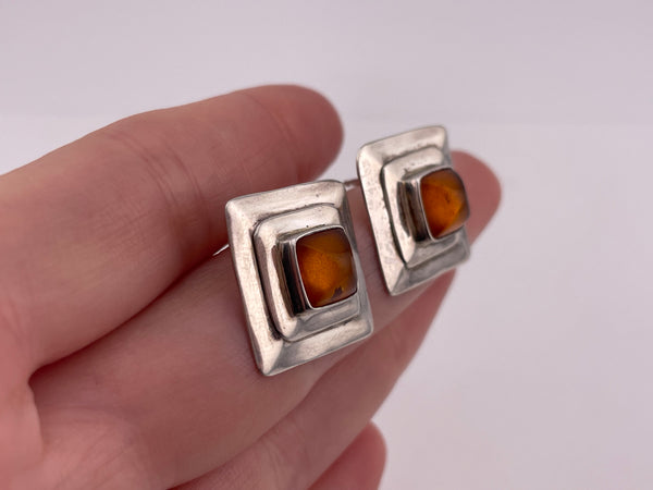 sterling silver beveled square amber post earrings