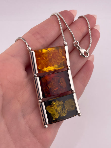 sterling silver 22-3/4" tri-color amber pendant necklace
