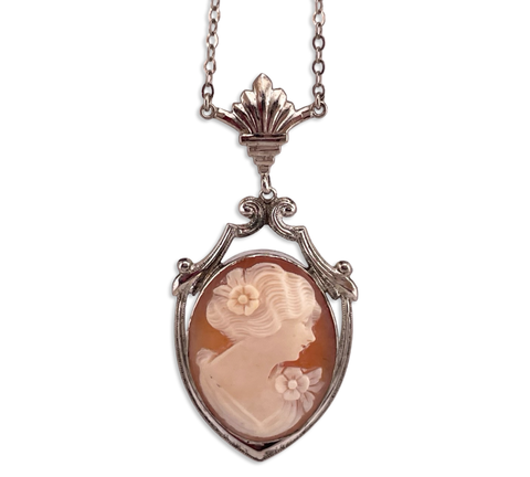 sterling silver rhodium plated carved shell cameo necklace