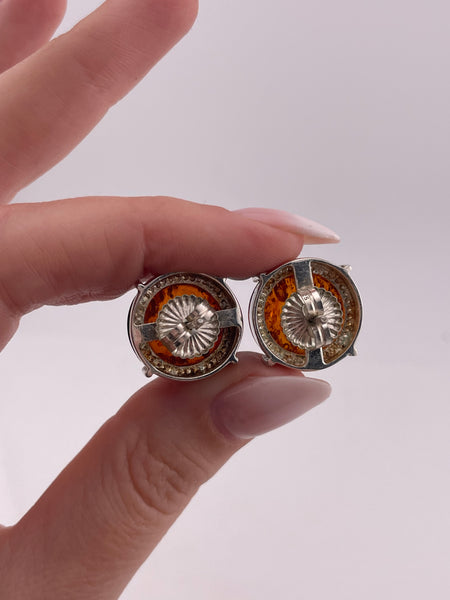 sterling silver round amber prong setting post earrings