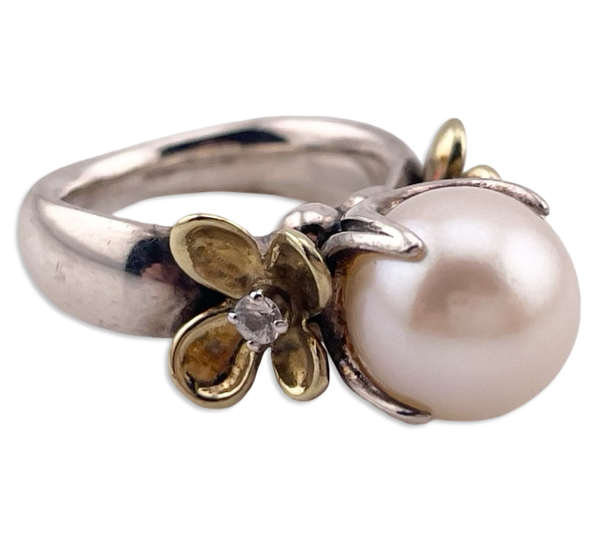size 5 sterling silver & 18k gold Ann King gold pearl white topaz flower ring