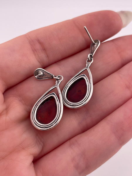 sterling silver pear shape amber post dangle earrings