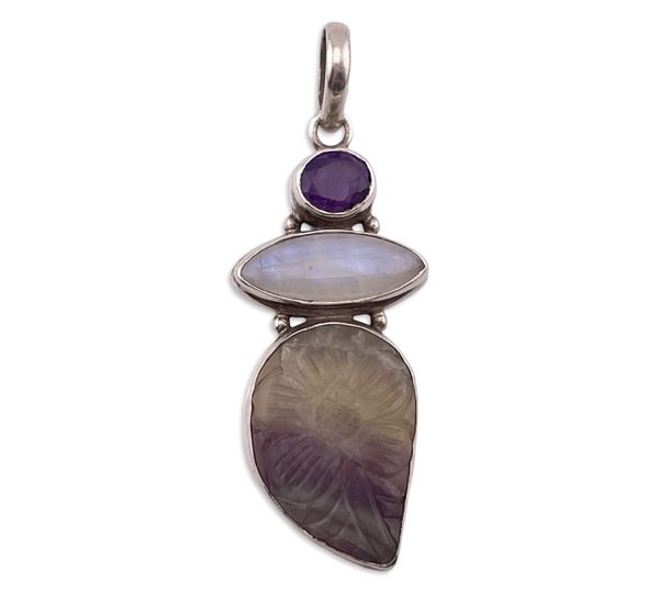 sterling silver faceted amethyst rainbow moonstone carved fluorite pendant
