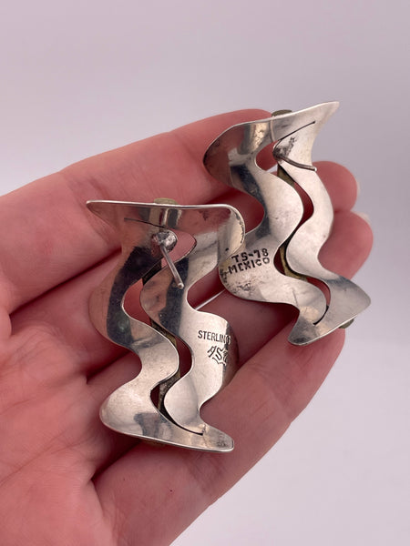sterling silver & brass Mexican curved wavy squiggle cut-out stoneless post earrings