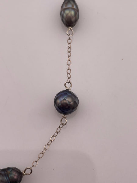 sterling silver 16" synthetic faceted black pearl spacer necklace