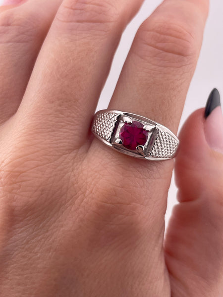 size 12.5 sterling silver rhodium pated lab ruby ring