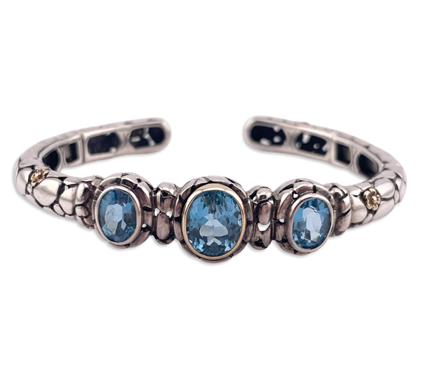 sterling silver & 14k gold faceted blue topaz cuff bracelet