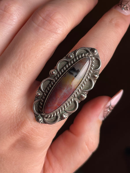 size 8.25 sterling silver long petrified wood ring