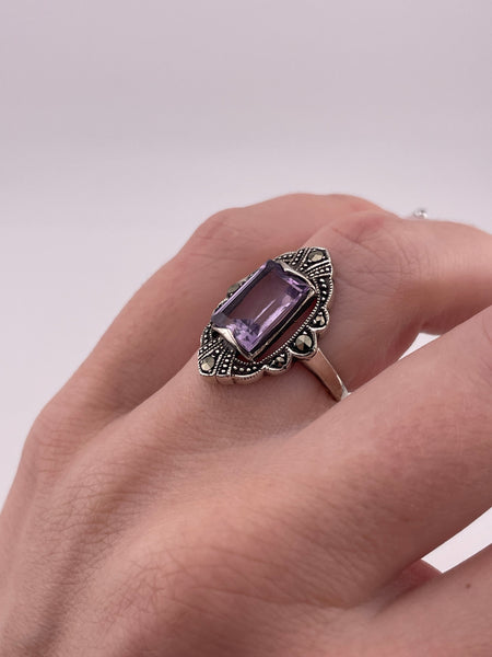 size 6.5 sterling silver faceted amethyst rectangle marcasite ring