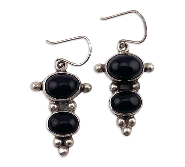sterling silver black glass hook dangle earrings