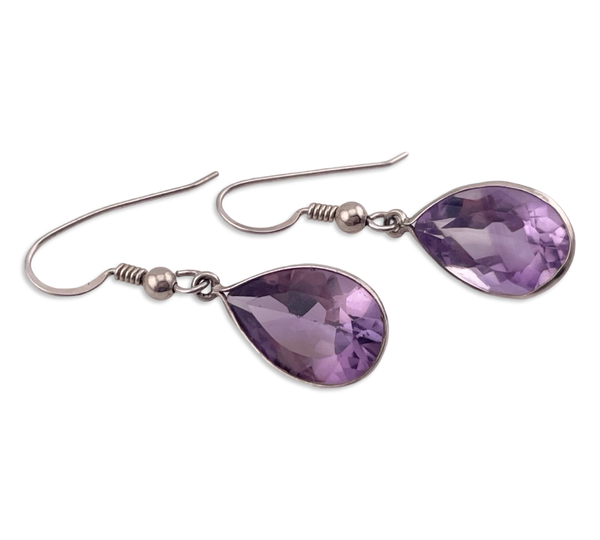 sterling silver faceted pear shape amethyst hook dangle earrings