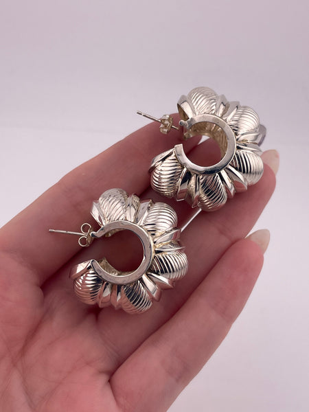 sterling silver chunky 1-1/8" puffy domed lined post hoop earrings