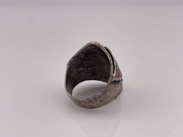 size 8.5 sterling silver crushed turquoise & coral bird ring