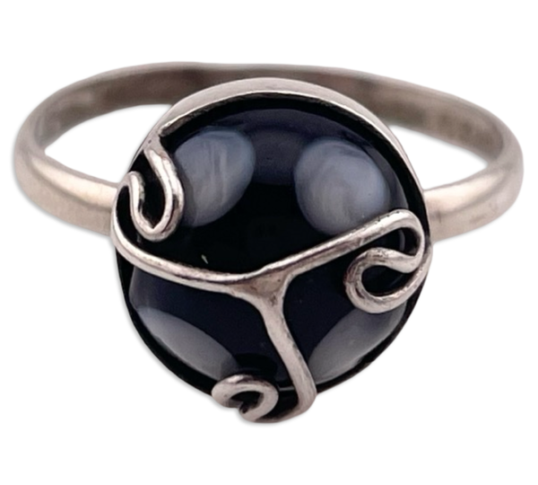 size 7.75 sterling silver black gray glass ring