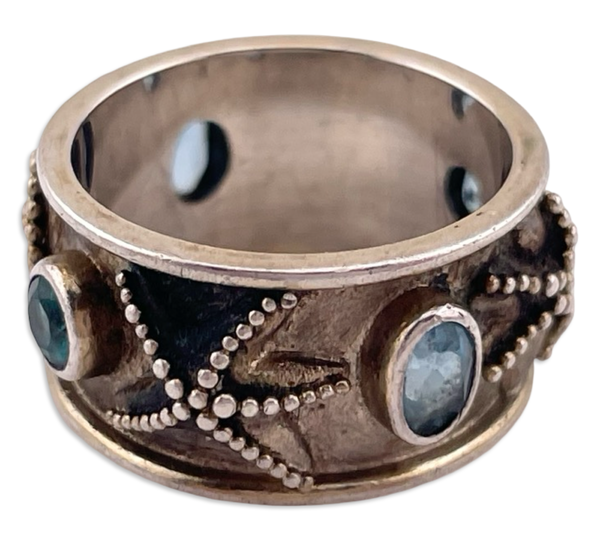 size 6 sterling silver faceted topaz nautical theme band ring ***Chipped Stone***