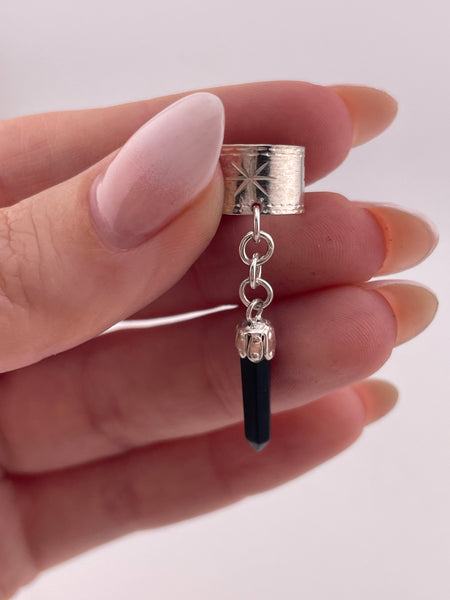 sterling silver black glass "crystal" point dangle ear cuff