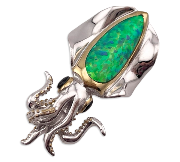 sterling silver lab opal mother of pearl squid pendant brooch