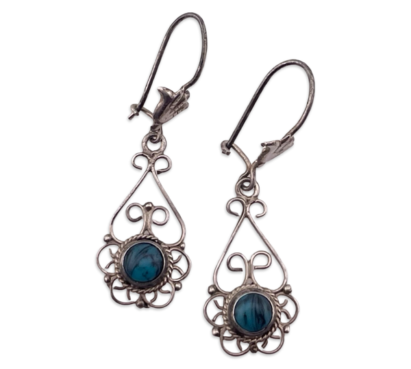 sterling silver synthetic turquoise ornate dangle earrings