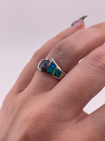 size 7.25 sterling silver faceted iolite opal simulant ring