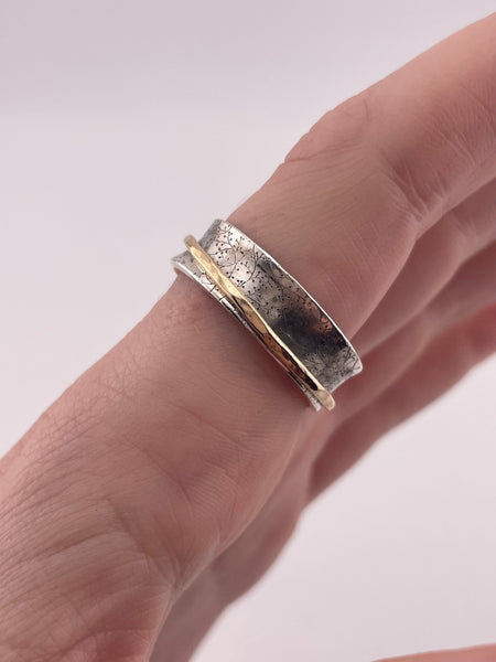 size 10.25 sterling silver & gold plated brushed finish spinner band ring