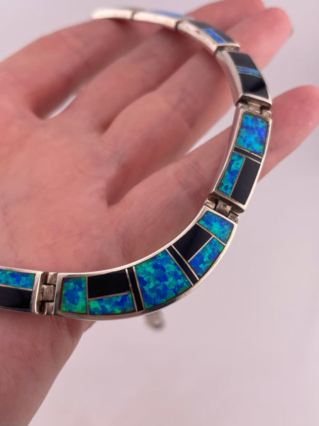 sterling silver 16-3/4" lab opal black jade collar necklace