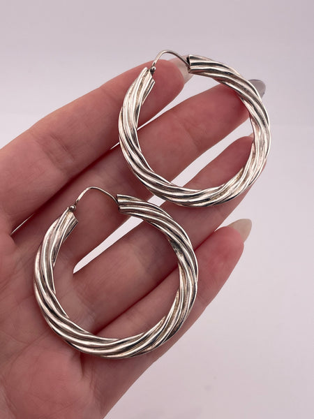 sterling silver 1-5/8" flattened cable hoop earrings