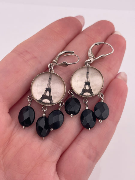 sterling silver Eiffel Tower facted plastic bead hook dangle earrings