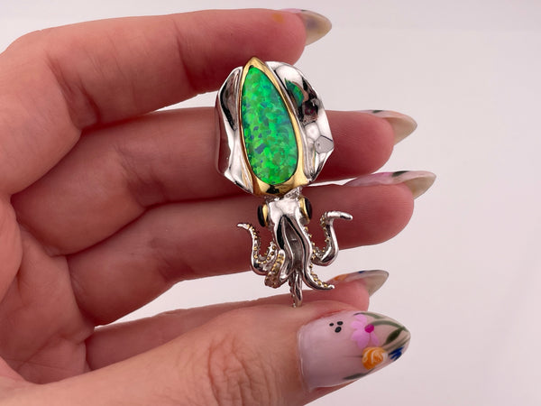 sterling silver lab opal mother of pearl squid pendant brooch