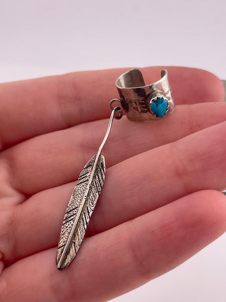 sterling silver turquoise feather stamped ear cuff