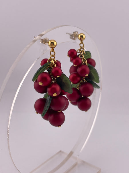 costume gold tone red grape fruit post dangle earrings