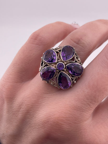 size 6.5 sterling silver faceted amethyst flower squiggle swirl ring