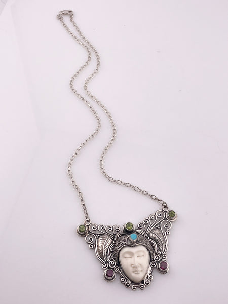 sterling silver 20" molded plastic garnet peridot turquoise necklace
