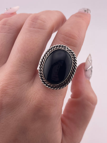 size 7.25 sterling silver Mexican black glass ring ***AS IS***