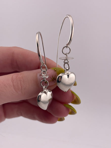 sterling silver stoneless threader puffy heart dangle earrings
