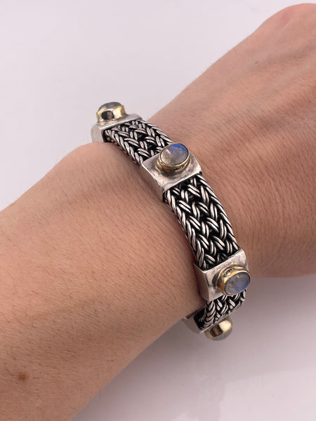 sterling silver rainbow moonstone woven toggle-clasp link bracelet **AS IS**