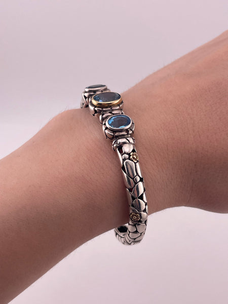 sterling silver & 14k gold faceted blue topaz cuff bracelet