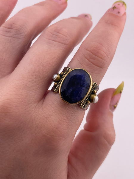 size 8.75 sterling silver & brass kyanite pearl flower band ring